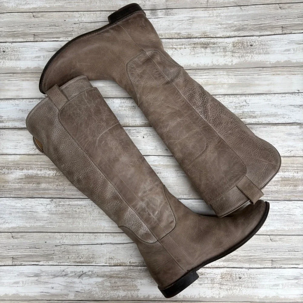 Frye Boots Paige Leather 6.5 Grey Pull On Round Toe Riding Western Distressed - Picture 7 of 12